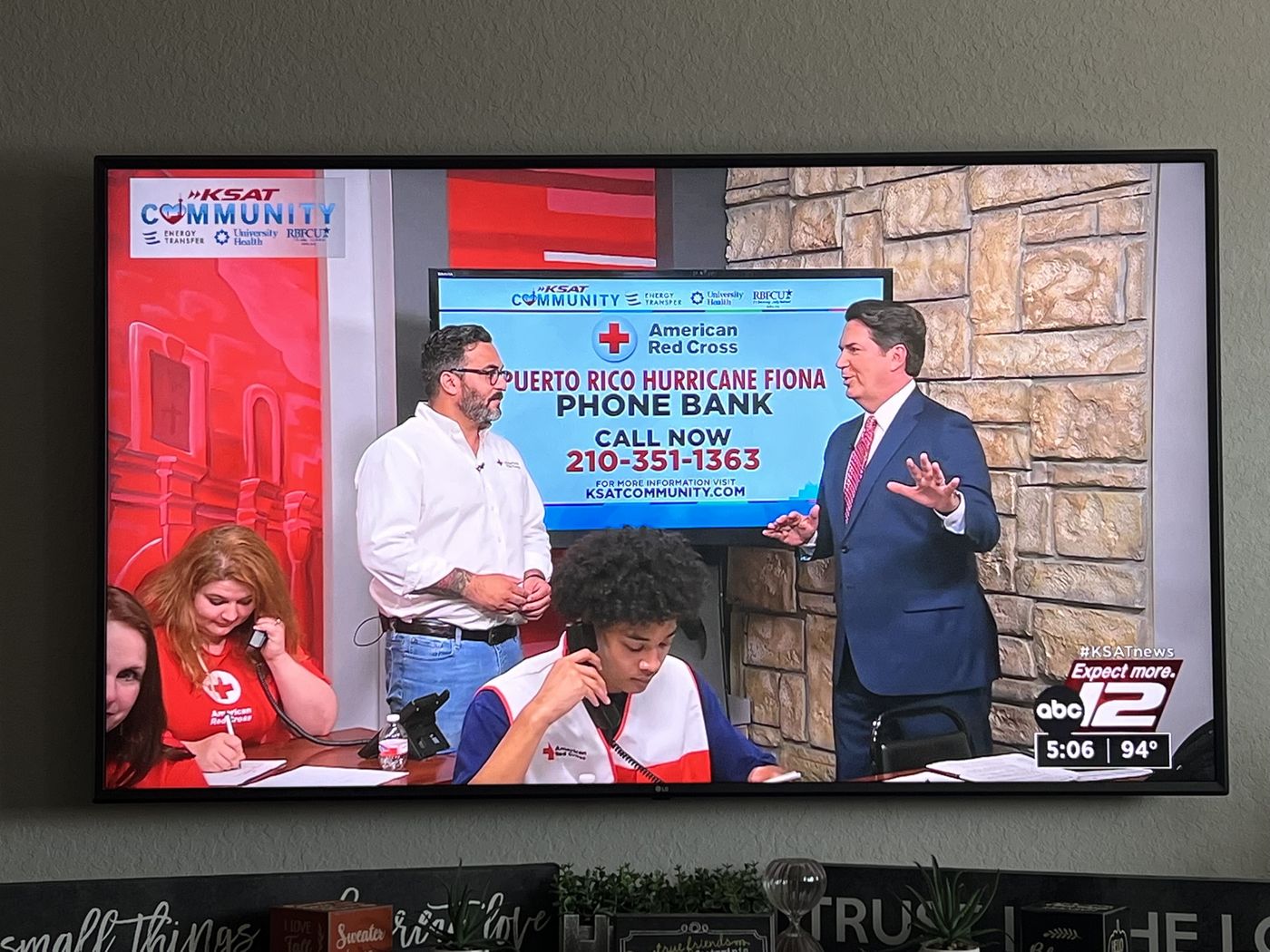 Dr. Jeremy Roberts on air with KSAT 12 during an American Red Cross phone bank